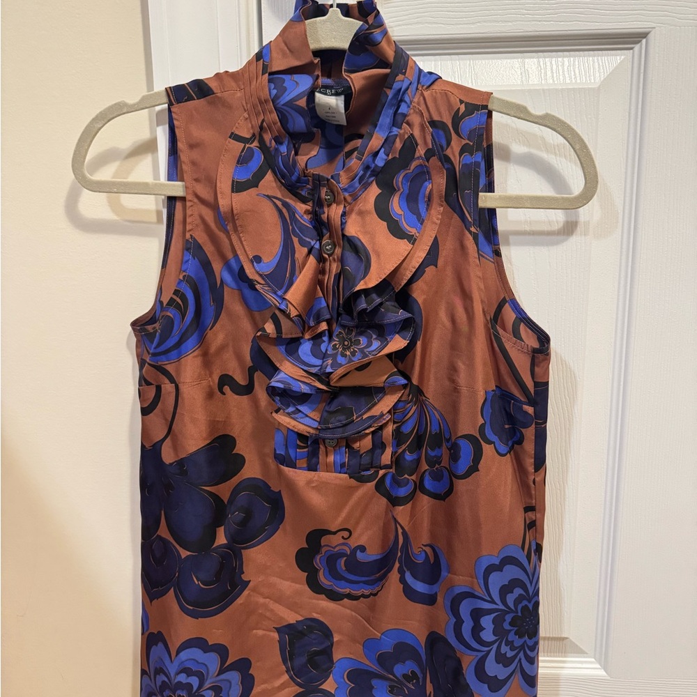 J.Crew 100% Silk Ruffle Neck Sleeveless Blouse Blue Brown Floral Size 4